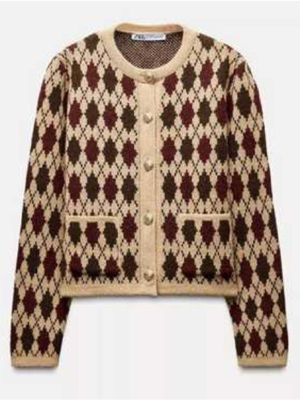 Zara Small Wool Blend Argyle Diamond Pattern Knit Cardigan Gold Button Detail